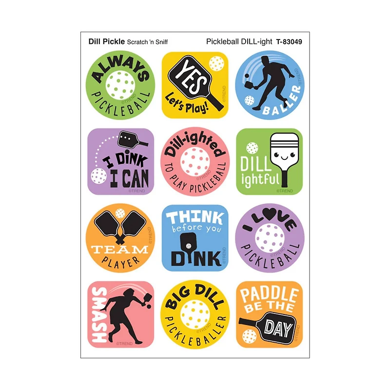 TREND Enterprises® Pickleball Pride, Dill Pickle Scent Scratch 'n Sniff Stinky Stickers®. 1.25" 6 Packs of 48
