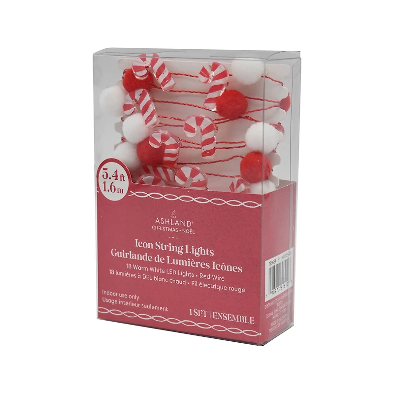 18ct. Warm White LED Pom Pom & Candy Cane String Lights on Red Wire by Ashland®