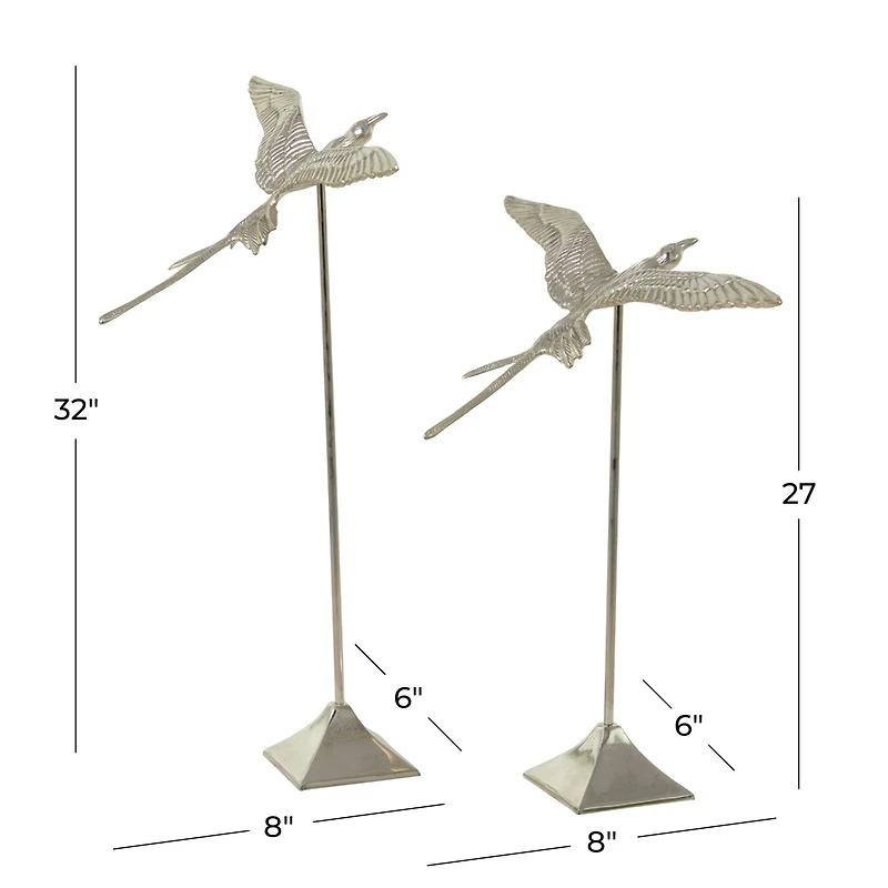 Silver Aluminum Eclectic Bird Sculpture, Set of 2 32", 25"