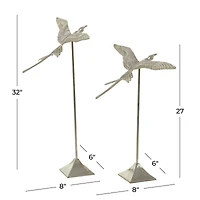 Silver Aluminum Eclectic Bird Sculpture, Set of 2 32", 25"