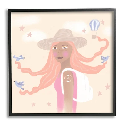 Stupell Industries Girl Flowing Hair Birds Plane Hot Air Balloon Framed Wall Art