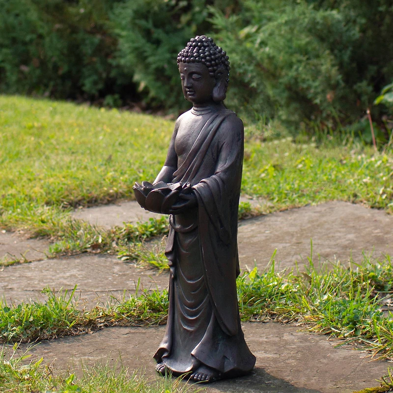 19.5" Dark Brown Standing Buddha with Lotus Outdoor Garden Statue