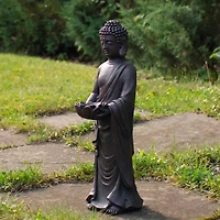 19.5" Dark Brown Standing Buddha with Lotus Outdoor Garden Statue