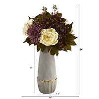 24" Peony, Hydrangea & Dahlia Arrangement in Stoneware Vase