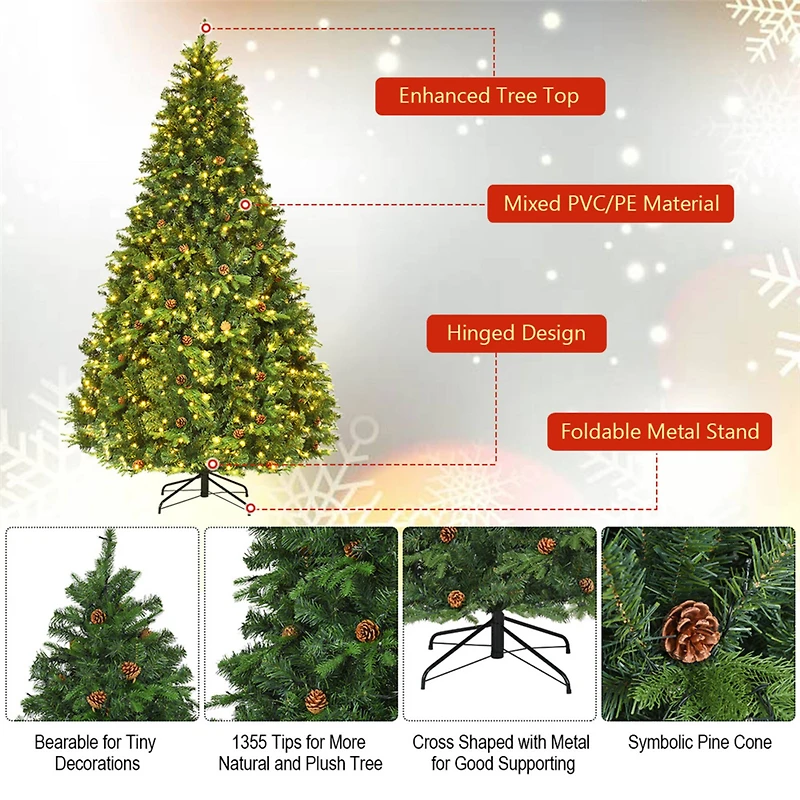 Costway 8ft. Pre-Lit Pinecones Hinged Artificial Christmas Tree, Warm White LED Lights