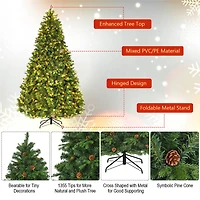 Costway 8ft. Pre-Lit Pinecones Hinged Artificial Christmas Tree, Warm White LED Lights