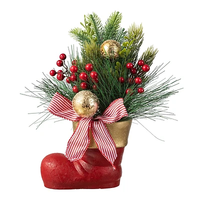 Glitzhome® 14" Christmas Red Boot with Pine Needle & Berry Centerpiece