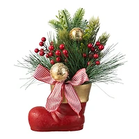 Glitzhome® 14" Christmas Red Boot with Pine Needle & Berry Centerpiece