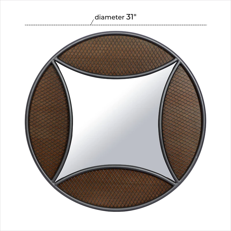 32" Brown Wood Industrial Round Wall Mirror