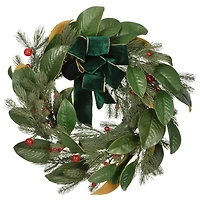 24" LED Berry Pre-Lit Magnolia Mixed Pine Wreath