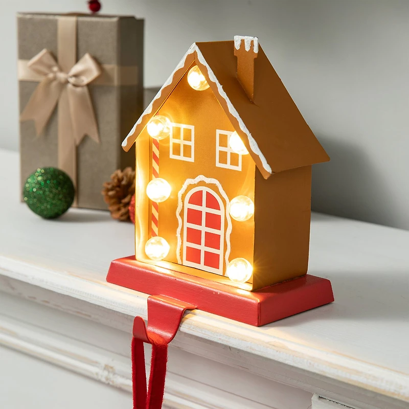 Glitzhome® 6.75'' Marquee LED Gingerbread House Metal Christmas Stocking Holder