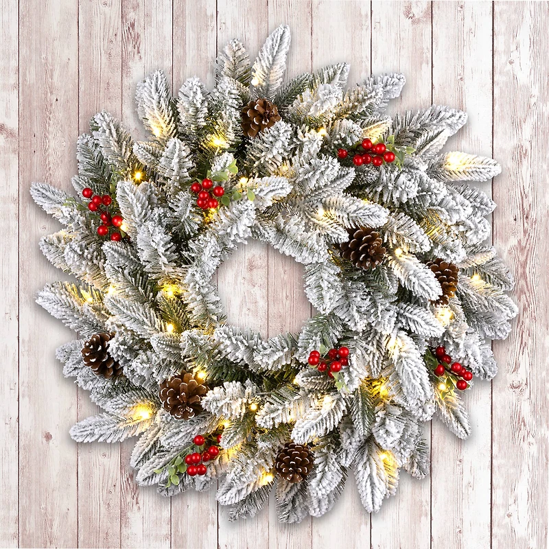 24" Snowberry Warm White LED Pre-Lit Pine Wreath