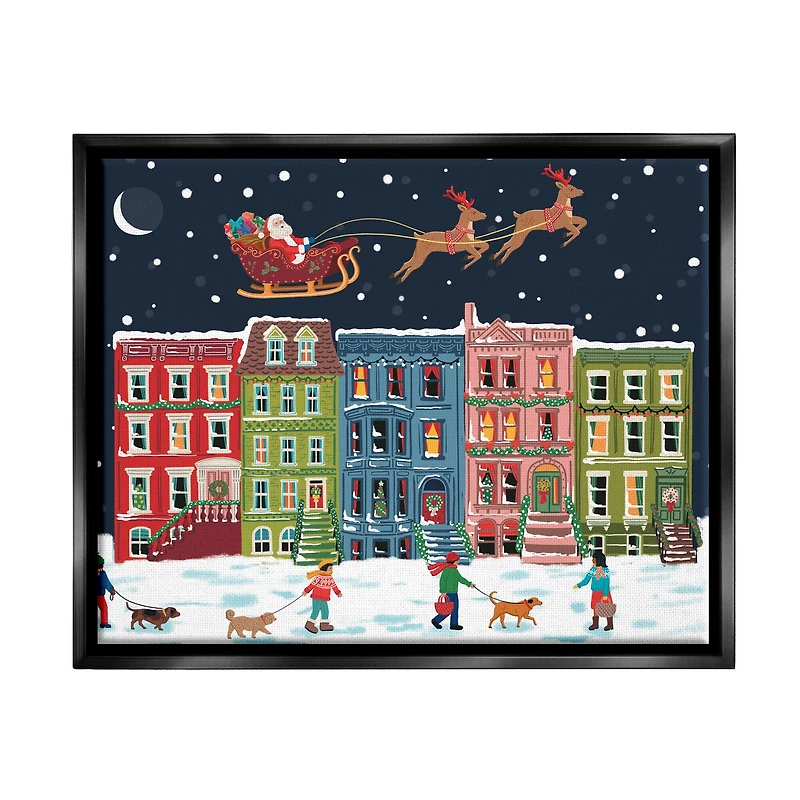 Stupell Industries Snowy Christmas Town Santa Overhead Framed Floater Canvas Wall Art