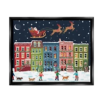 Stupell Industries Snowy Christmas Town Santa Overhead Framed Floater Canvas Wall Art