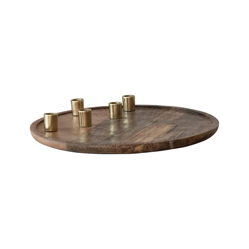 Hello Honey® 15.5" Decorative Natural & Gold Finish Mango Wood & Aluminum Tray Taper Candleholder
