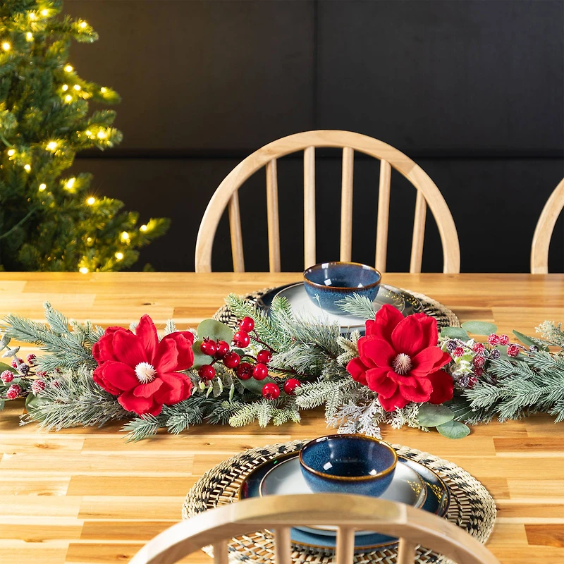 Glitzhome® 6FT Christmas Red Mangnolia & Berry Garland