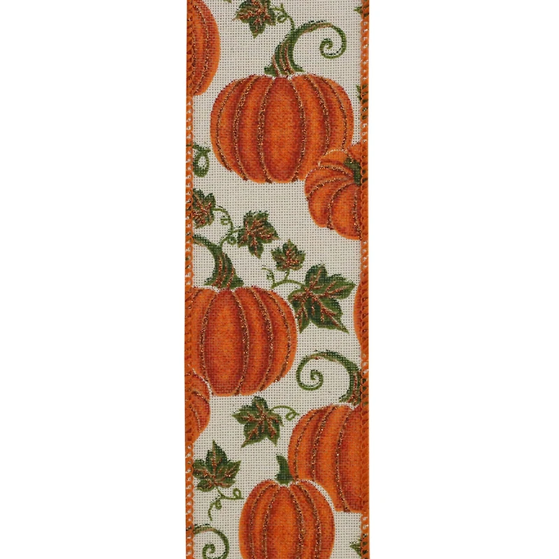 Reliant 2.5" x 10yd. Muslin Wired Leafy Pumpkin Sparkle Ribbon