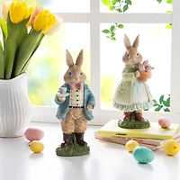 Glitzhome® 9.75" Easter Resin Bunny Couple with Coffee and Tulips Table Decor