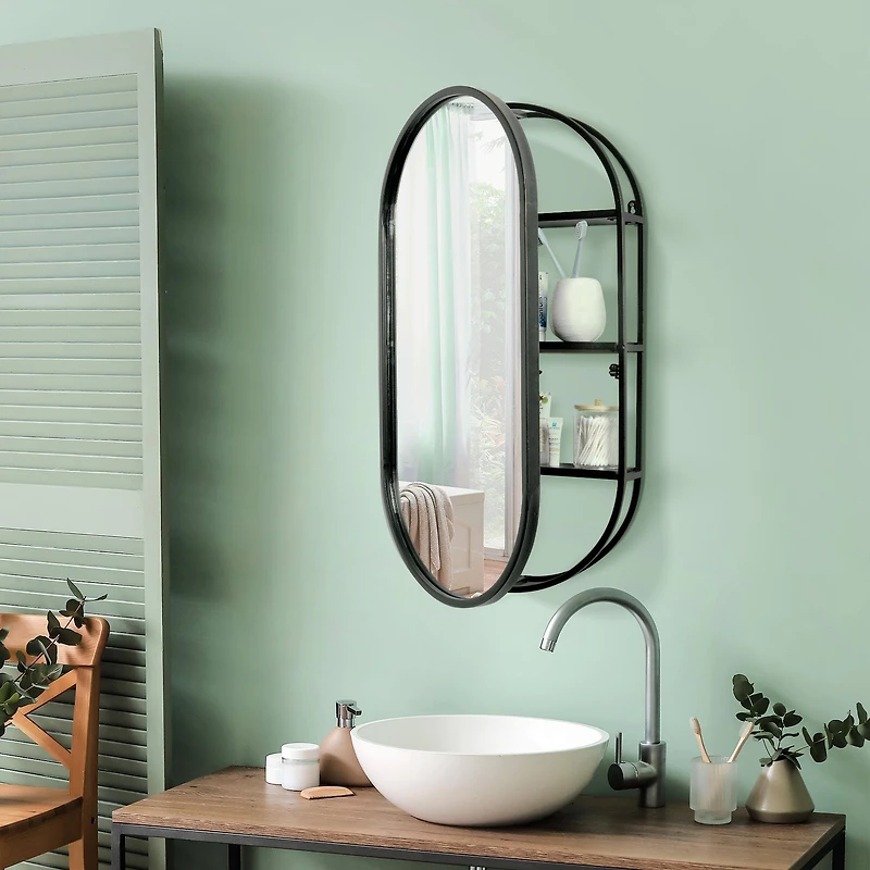 Black Metal Framed Oval Vanity Wall Mirror with Shelves - 15" x 30"