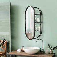Black Metal Framed Oval Vanity Wall Mirror with Shelves - 15" x 30"