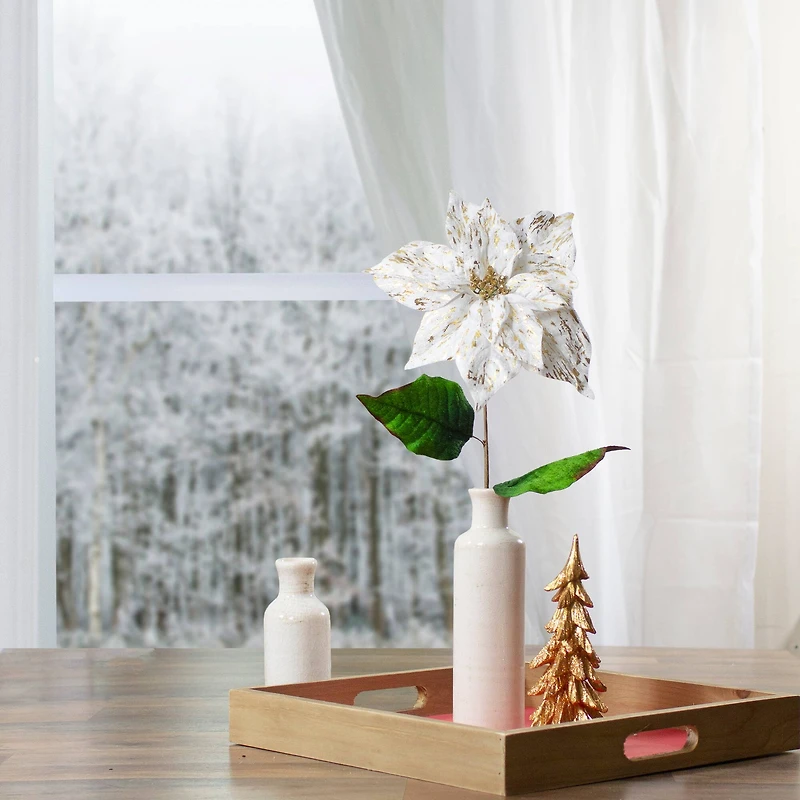 White & Gold Christmas Poinsettia Stem