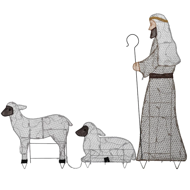 Fabric Glitter Shepherd and Sheep Set with Warm & Cool White UL LED Lights