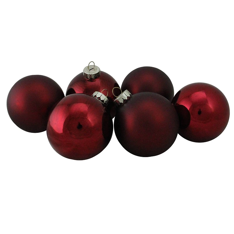 6ct. 3" Burgundy Red 2-Finish Glass Ball Ornaments