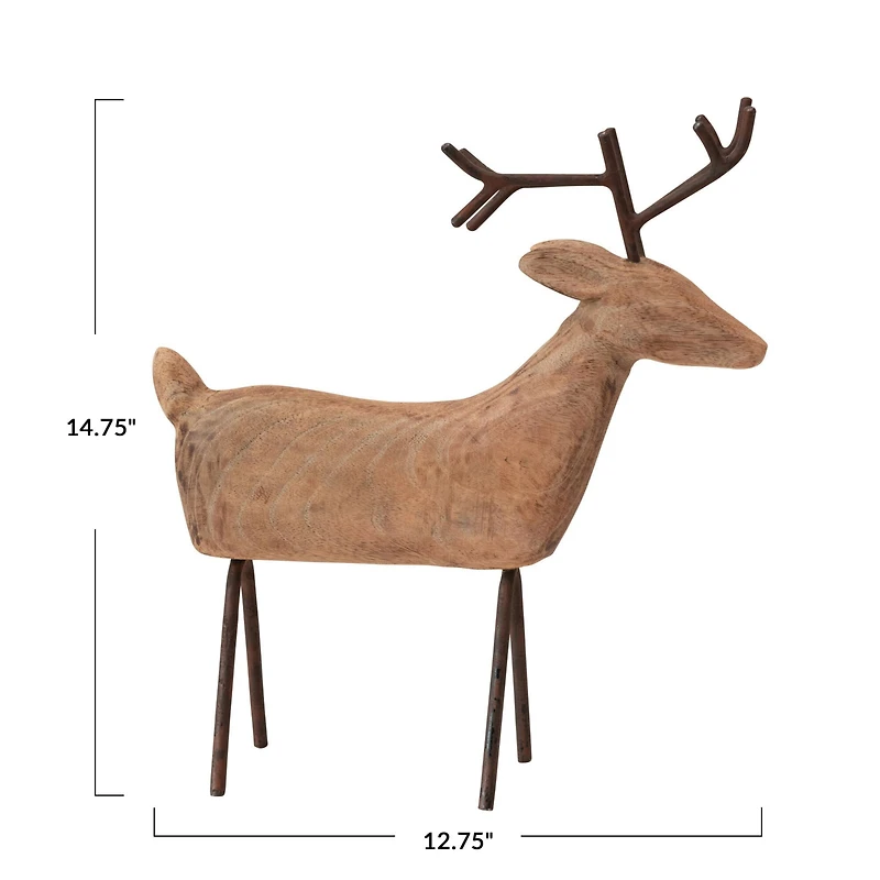Hello Honey® 14.75" Hand-Carved Mango Wood Reindeer with Metal Legs & Antlers