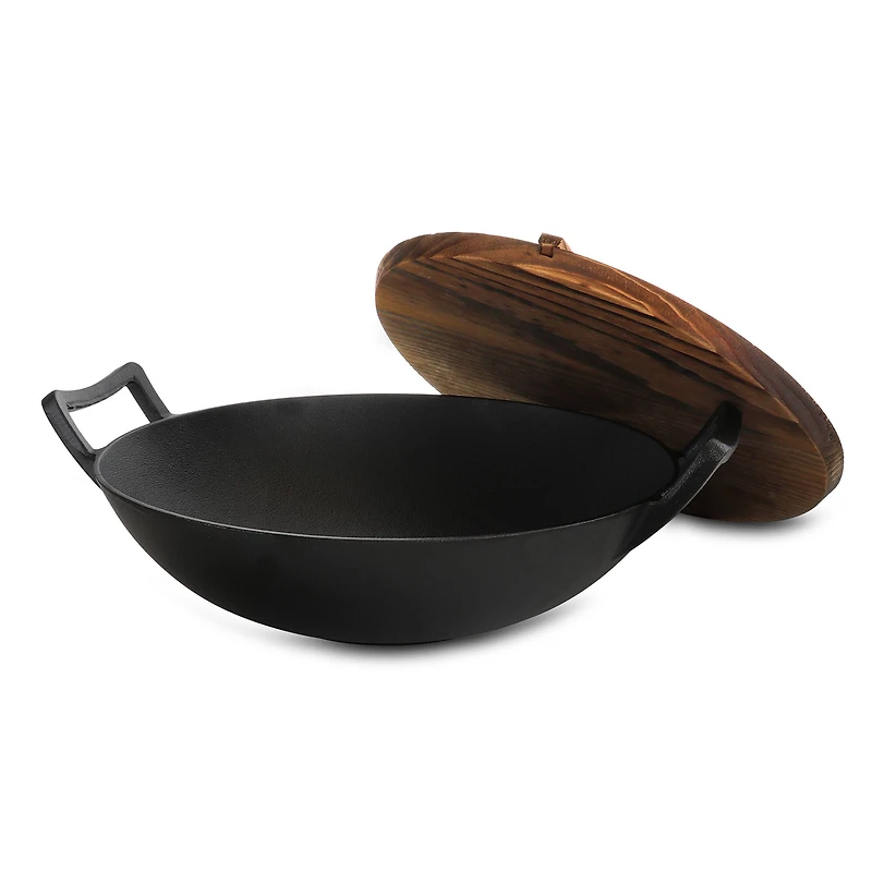 MegaChef 14" Heavy Duty Cast Iron Wok With Wood Lid Set
