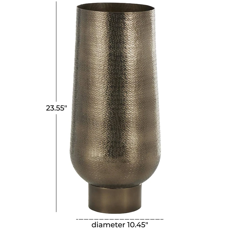 23.5" Brass Aluminum Metal Geometric Textured Wide Floor Vase with Elevated Base