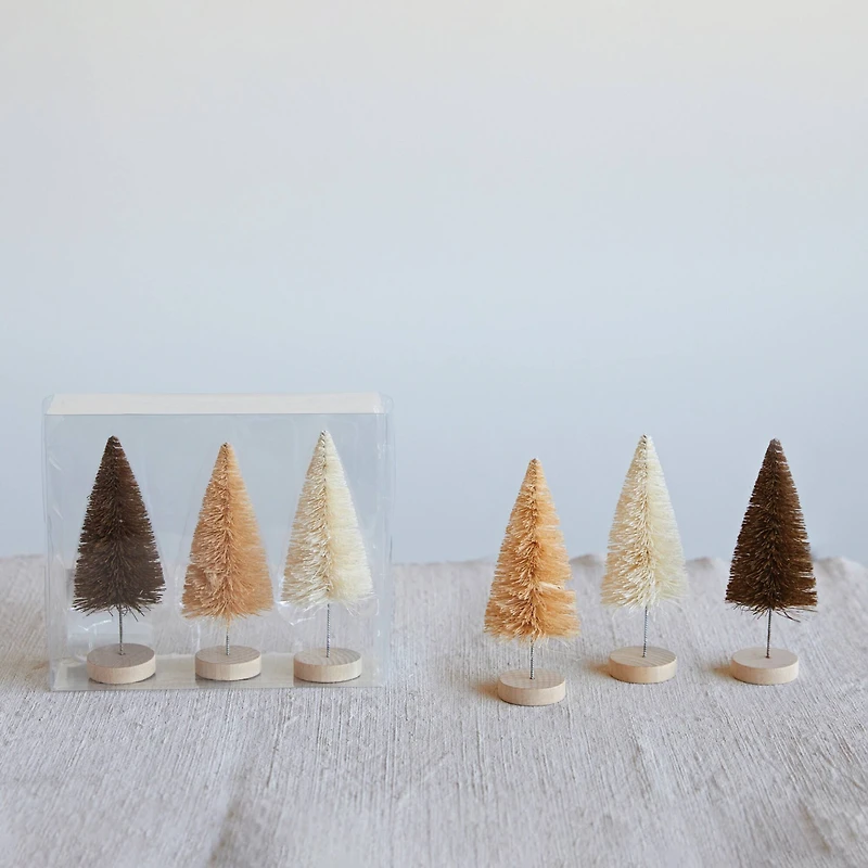 Hello Honey® 5.5" Brown, Tan & Cream Sisal Bottle Brush Tree Set with Wood Bases