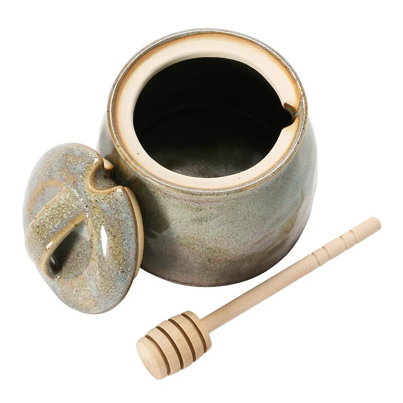 Hello Honey® Green & Blue Glaze Stoneware Honey Jar with Wood Honey Dipper