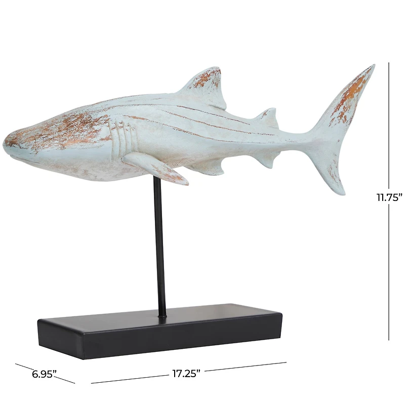 17" Light Blue Carved Shark Sculpture with Base