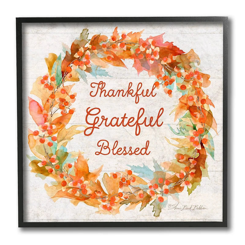 Stupell Industries Autumn Foliage Wreath Thankful Grateful Blessed Text Black Framed Wall Art