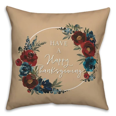 Happy Thanksgiving Floral Wreath Throw Pillow