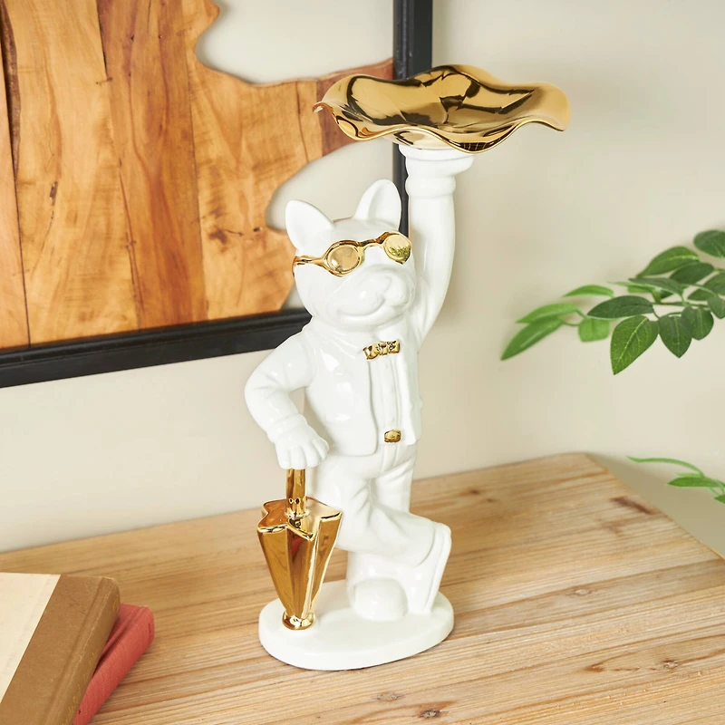 13" White & Gold Ceramic Bulldog Sculpture