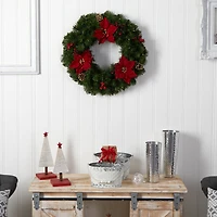 24" White LED Lights Poinsettia, Berry & Pinecone Artificial Wreath