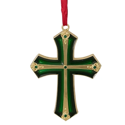3.5" Green & Gold Layering Effect with Crystals Cross Ornament