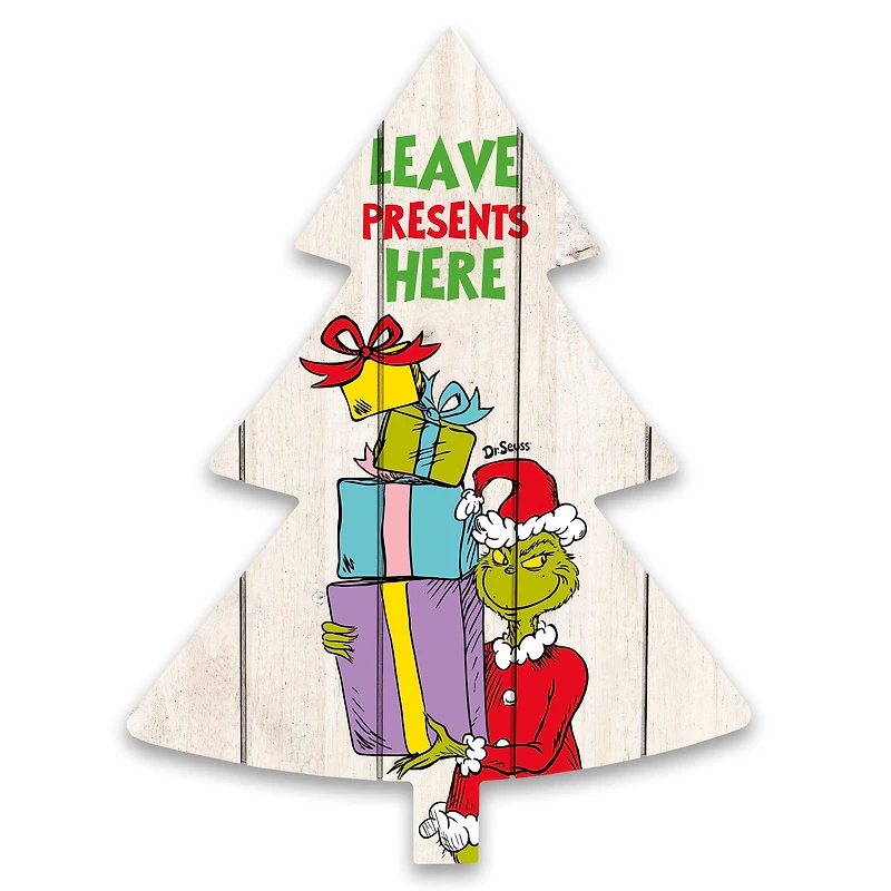 The Grinch Leave Presents Here 14" x 18.5" Dr. Seuss Tree Shaped Pallet Wood