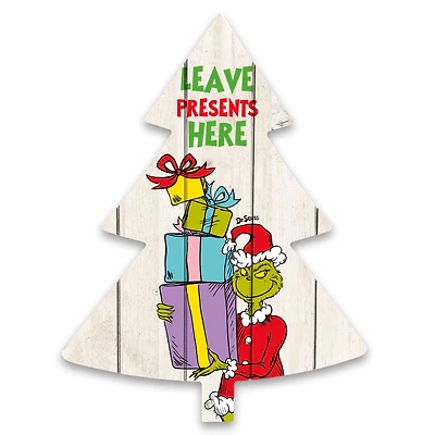 The Grinch Leave Presents Here 14" x 18.5" Dr. Seuss Tree Shaped Pallet Wood