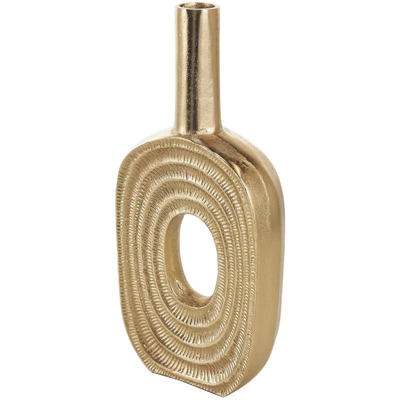 16" Gold Aluminum Metal Geometric Circular Vase with Linear Etchings