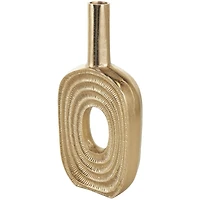 16" Gold Aluminum Metal Geometric Circular Vase with Linear Etchings