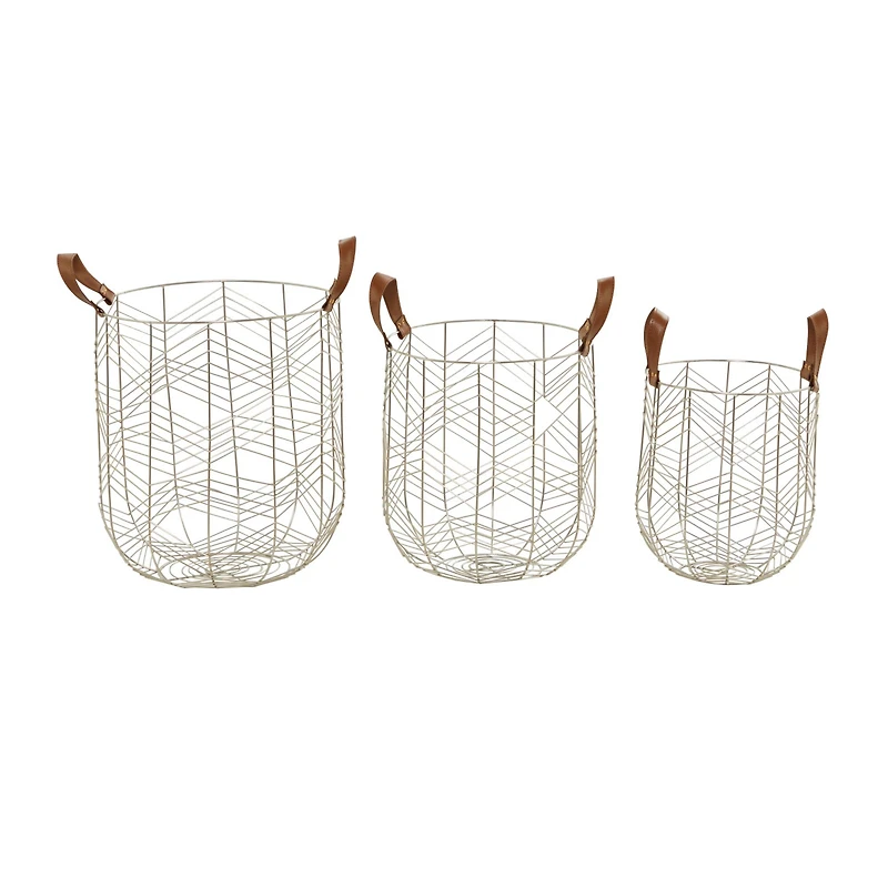 CosmoLiving by Cosmopolitan Silver Metal Storage Basket with Faux Leather Handles Set of 3 16", 14", 12"