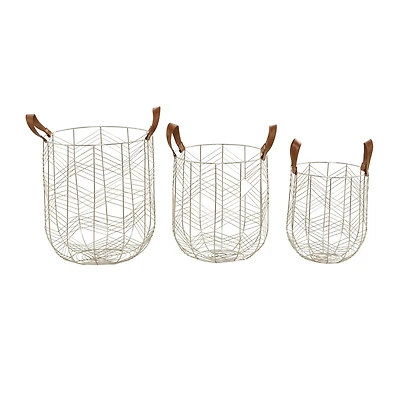 CosmoLiving by Cosmopolitan Silver Metal Storage Basket with Faux Leather Handles Set of 3 16", 14", 12"
