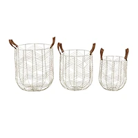 CosmoLiving by Cosmopolitan Silver Metal Storage Basket with Faux Leather Handles Set of 3 16", 14", 12"