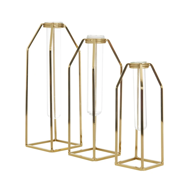 CosmoLiving by Cosmopolitan Set of 3 Gold Stainless Steel Glam Vase, 13" x 5" x 5"