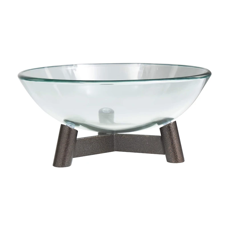 9" Clear Glass Serving Bowl with Bronze Hammered Y-Shaped Stand