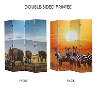 American Art Decor™ 6ft. Double-Sided 4-Panel African Elephants & Zebras Animals Canvas Privacy Screen