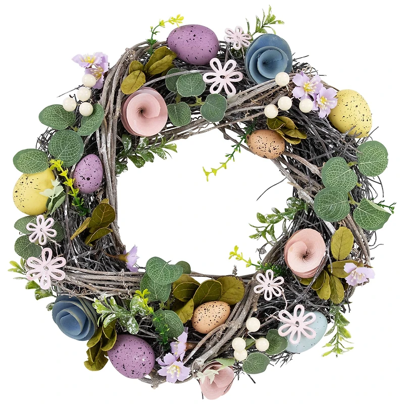 13" Speckled Eggs & Flowers Easter Wreath