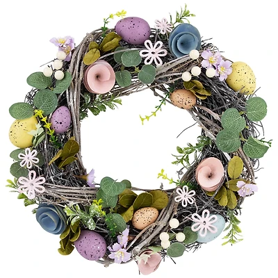 13" Speckled Eggs & Flowers Easter Wreath
